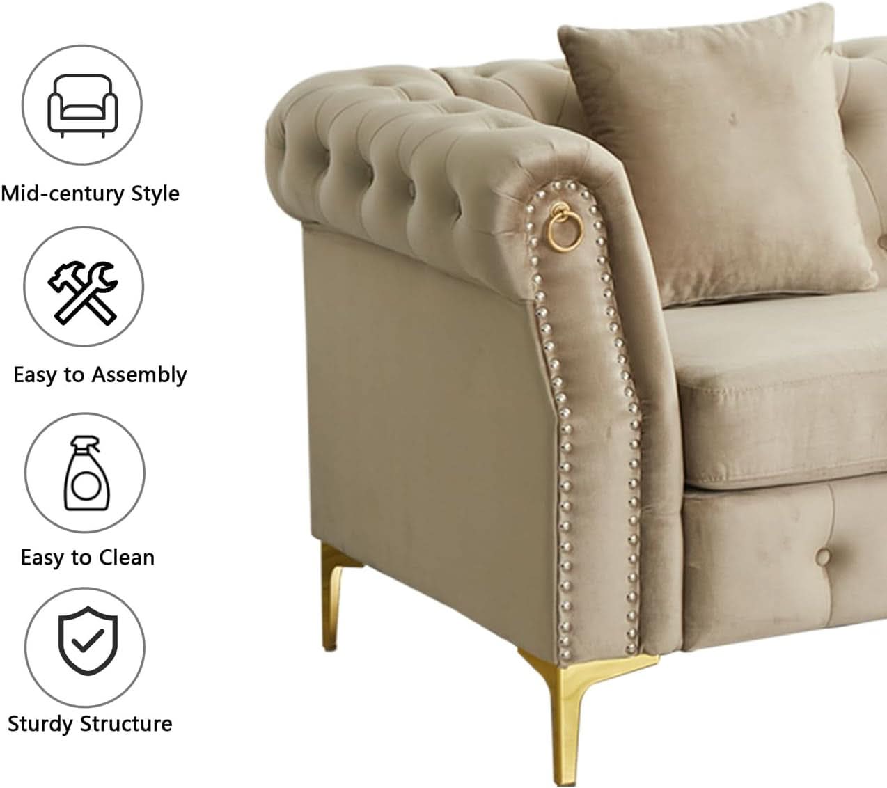 Three Piece Living Room Set Mid Century Sofa Armchair Loveseat Beige With Button Tufting And Nailhead Trim