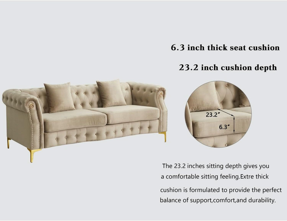 Three Piece Living Room Set Mid Century Sofa Armchair Loveseat Beige With Button Tufting And Nailhead Trim