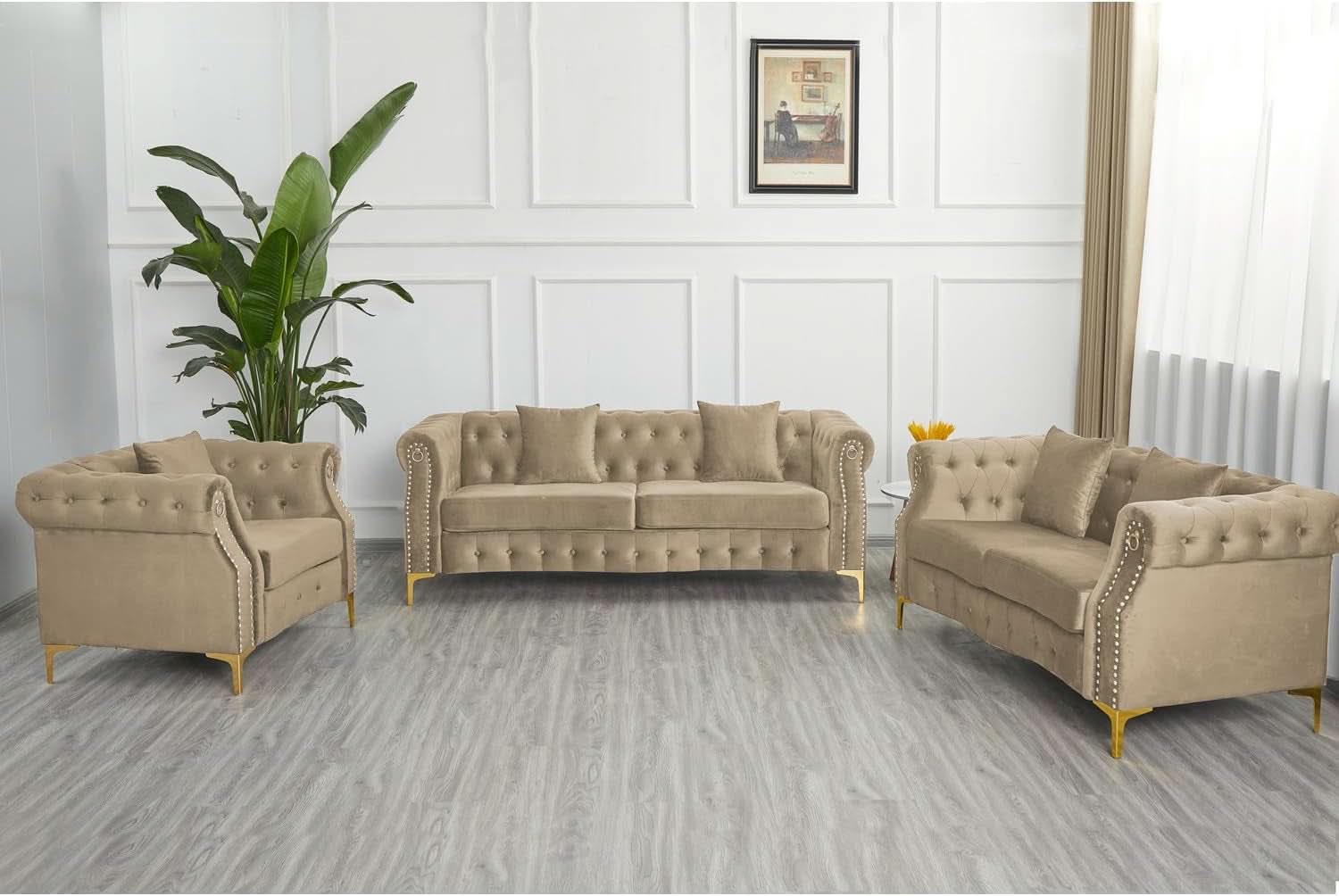 Three Piece Living Room Set Mid Century Sofa Armchair Loveseat Beige With Button Tufting And Nailhead Trim