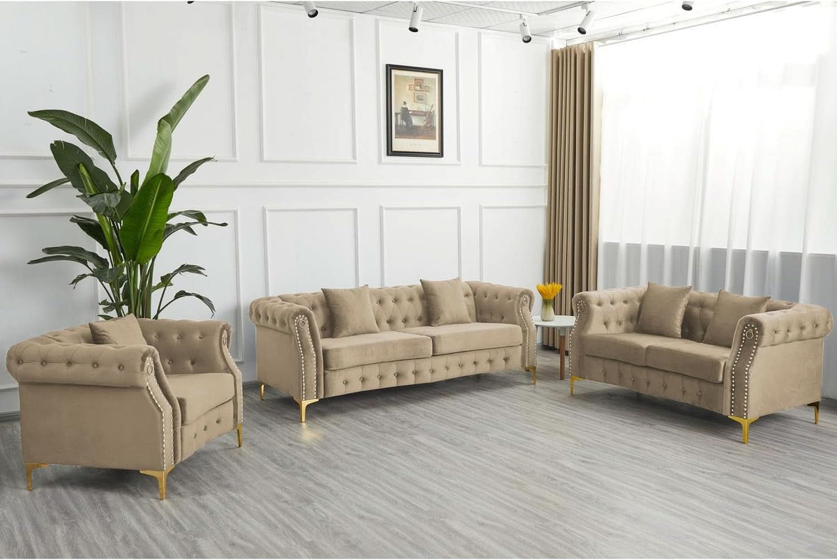 Three Piece Living Room Set Mid Century Sofa Armchair Loveseat Beige With Button Tufting And Nailhead Trim