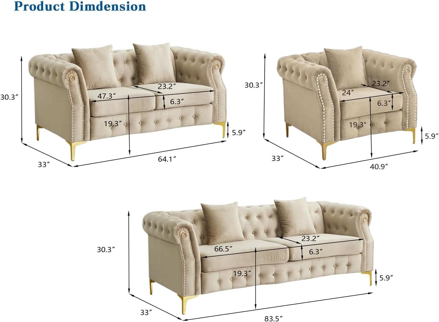 Three Piece Living Room Set Mid Century Sofa Armchair Loveseat Beige With Button Tufting And Nailhead Trim