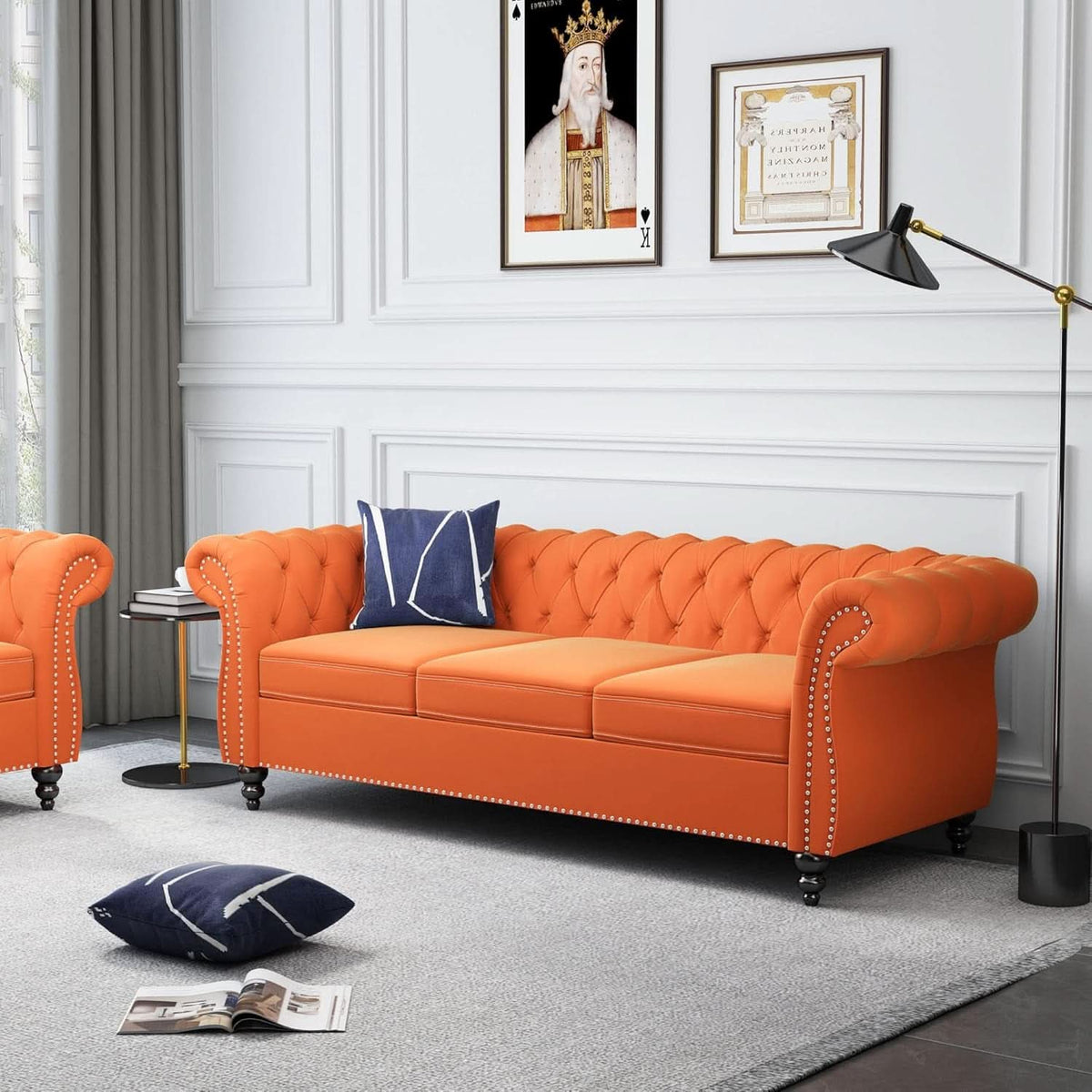 Three Piece Orange Sectional Sofa Set Tufted Living Room
