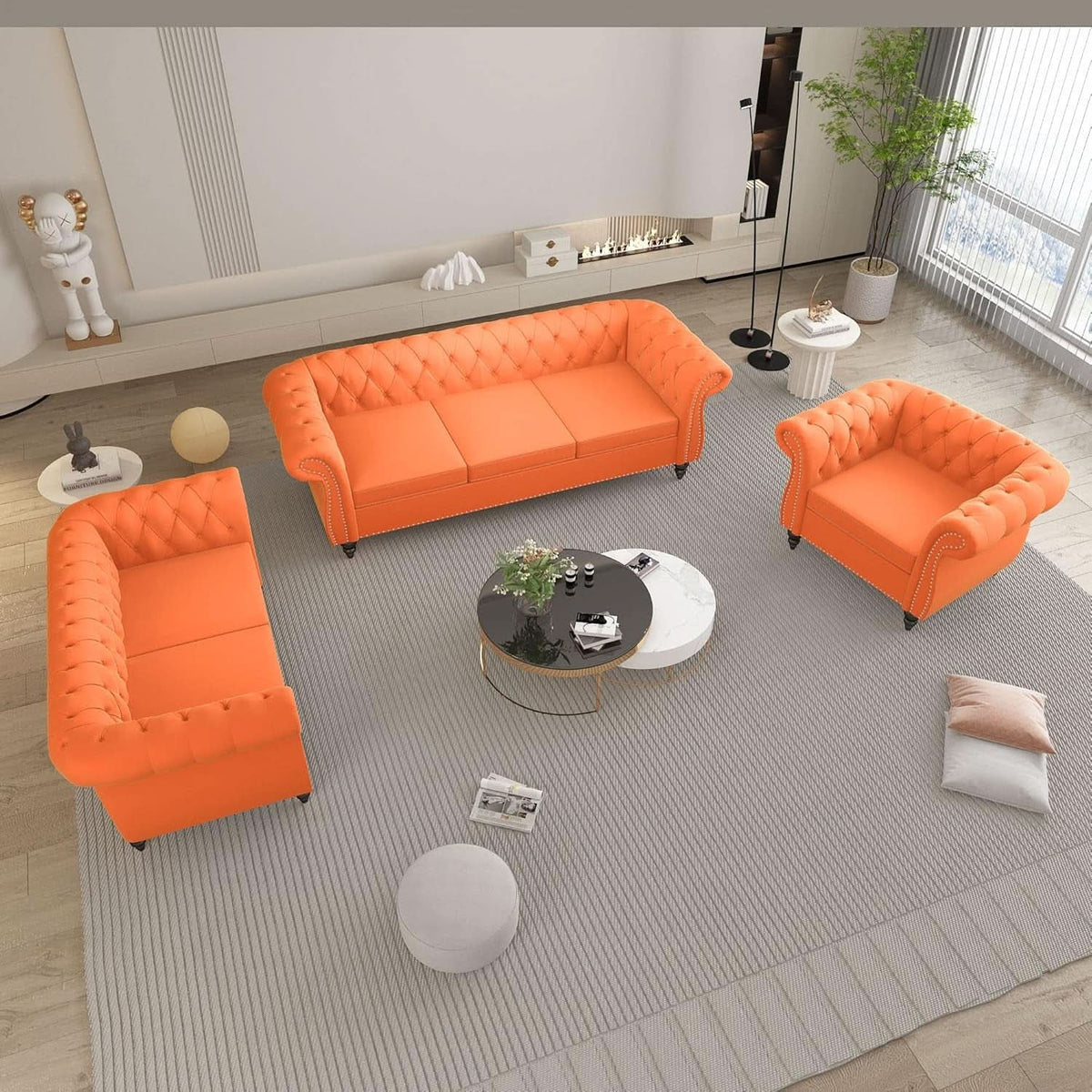 Three Piece Orange Sectional Sofa Set Tufted Living Room
