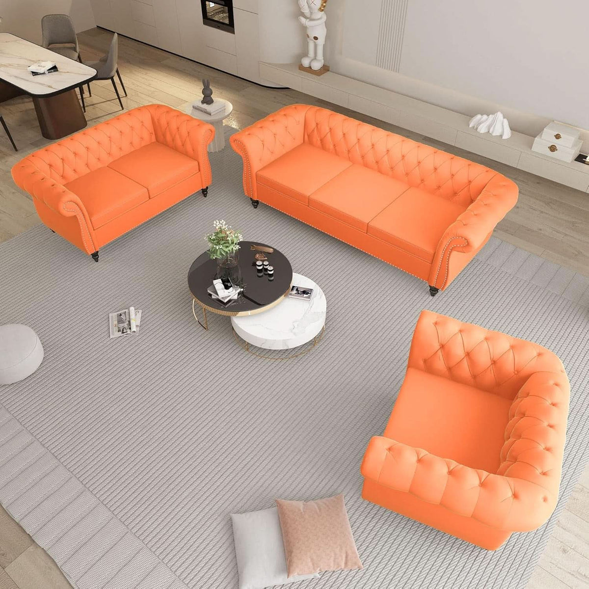 Three Piece Orange Sectional Sofa Set Tufted Living Room