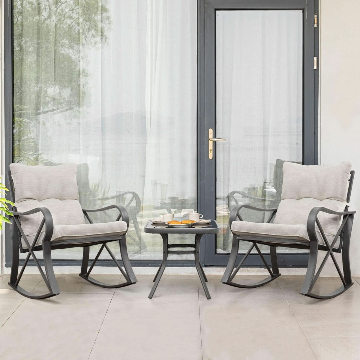 Three Piece Outdoor Bistro Set with Rocking Chairs