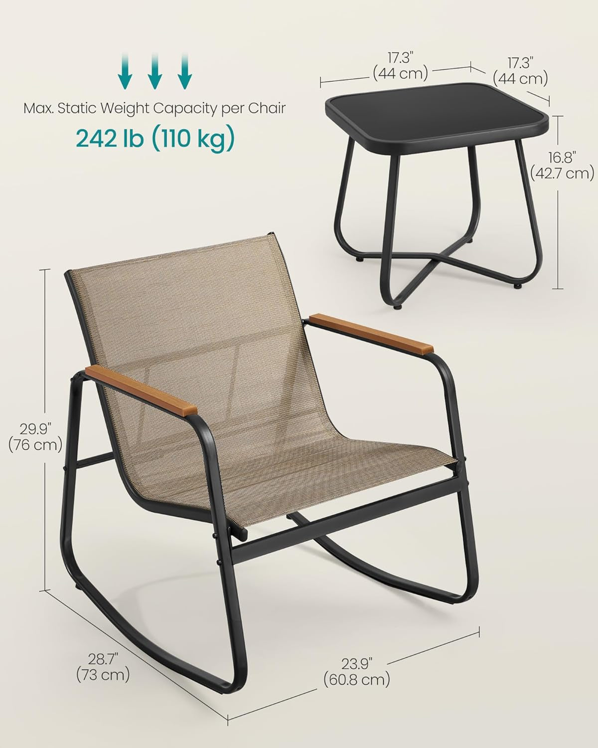 Three-Piece Outdoor Patio Furniture Set with Rocking Chairs