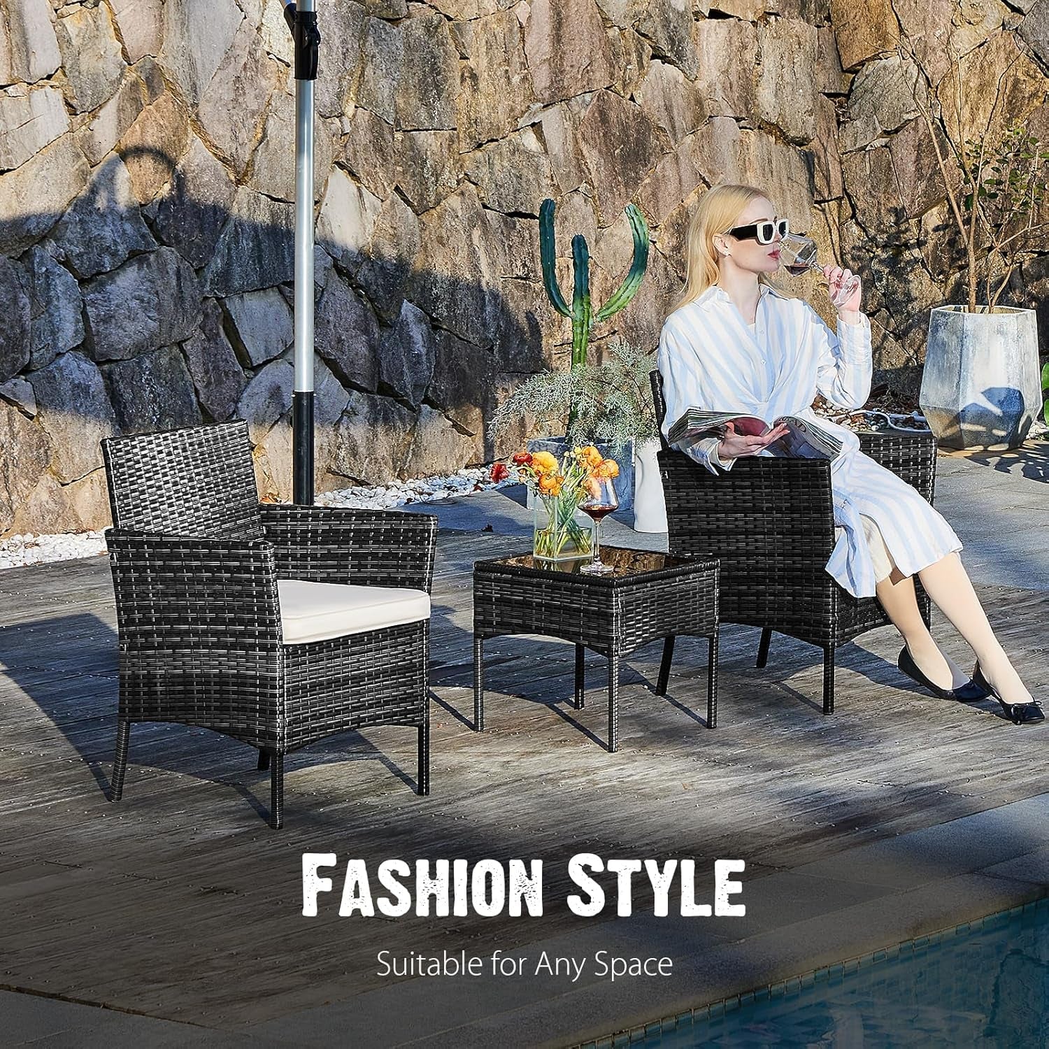 Three-Piece Outdoor Patio Set With Cushions And Glass Table