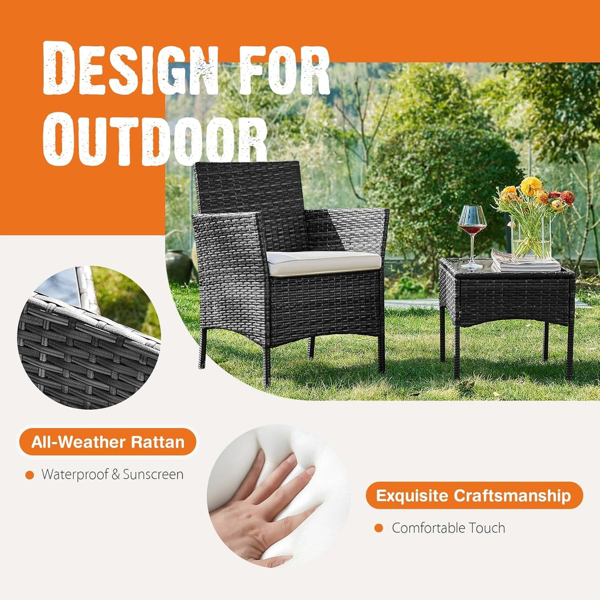 Three-Piece Outdoor Patio Set With Cushions And Glass Table
