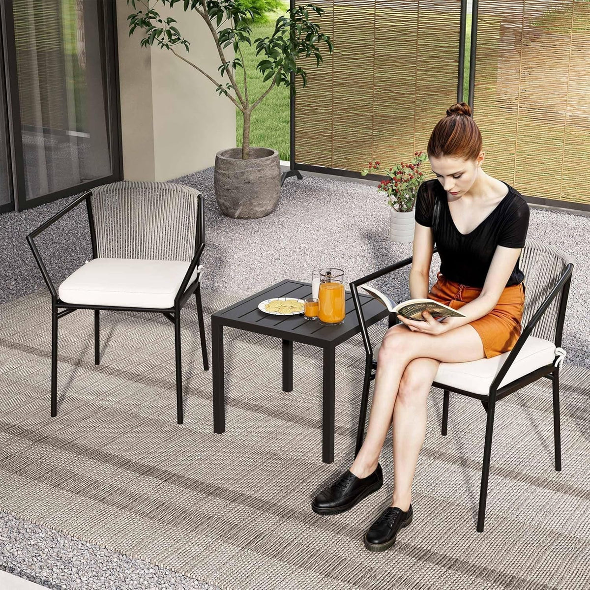 Three Piece Outdoor Patio Wicker Furniture Set With Cushioned Chairs And Coffee Table Gray