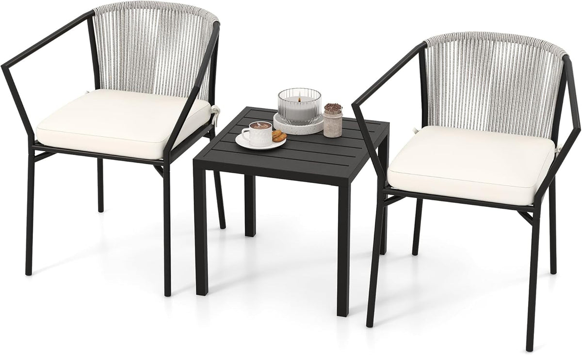 Three Piece Outdoor Patio Wicker Furniture Set With Cushioned Chairs And Coffee Table Gray