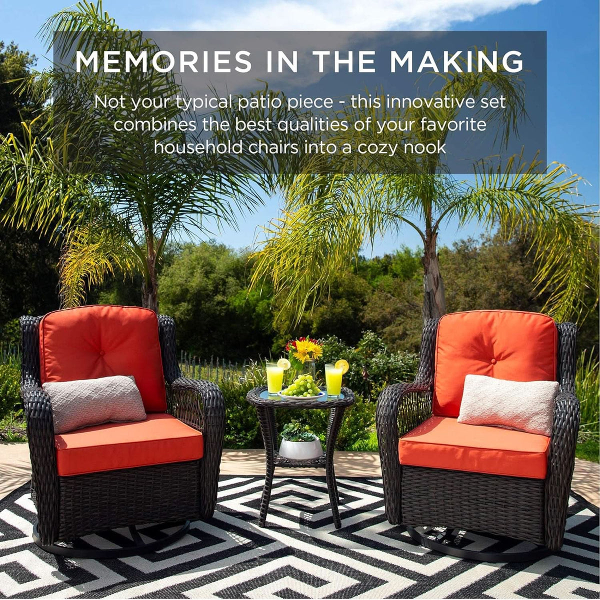 Three-Piece Outdoor Wicker Bistro Set with Swivel Rockers