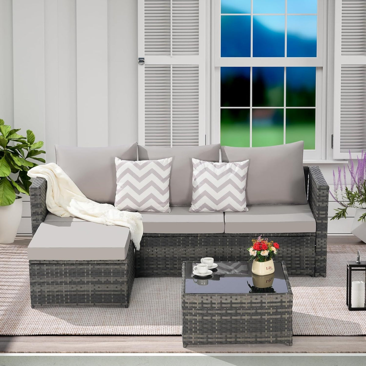 Three Piece Patio Furniture Set Light Gray All Weather Wicker With Cushions And Glass Table