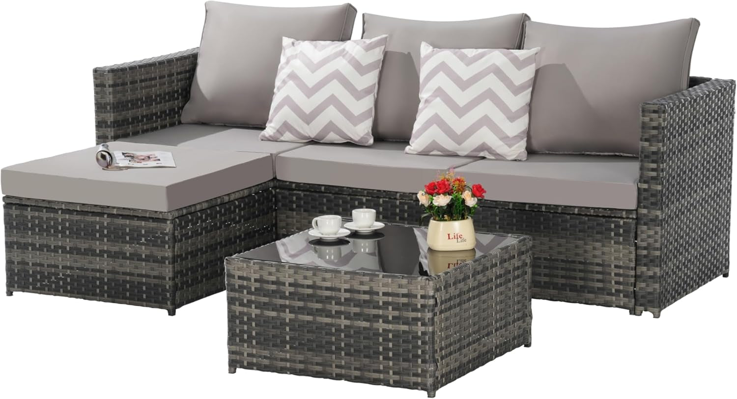 Three Piece Patio Furniture Set Light Gray All Weather Wicker With Cushions And Glass Table