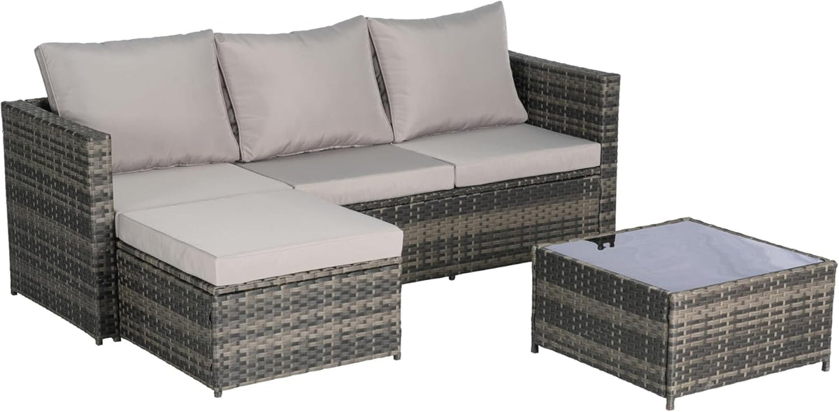 Three Piece Patio Furniture Set Light Gray All Weather Wicker With Cushions And Glass Table