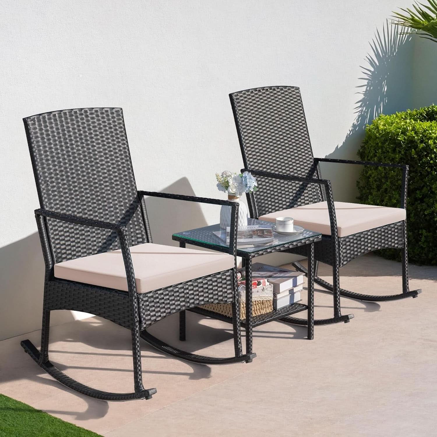 Three Piece Patio Furniture Set Outdoor Wicker Rocking Chairs With Glass Coffee Table Beige