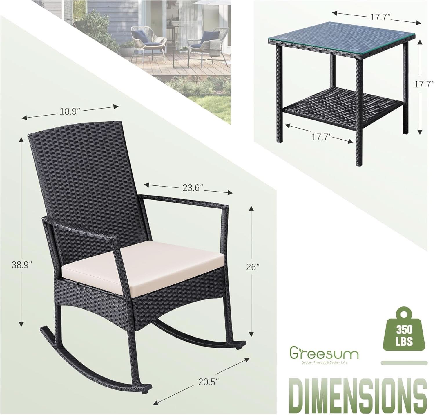 Three Piece Patio Furniture Set Outdoor Wicker Rocking Chairs With Glass Coffee Table Beige