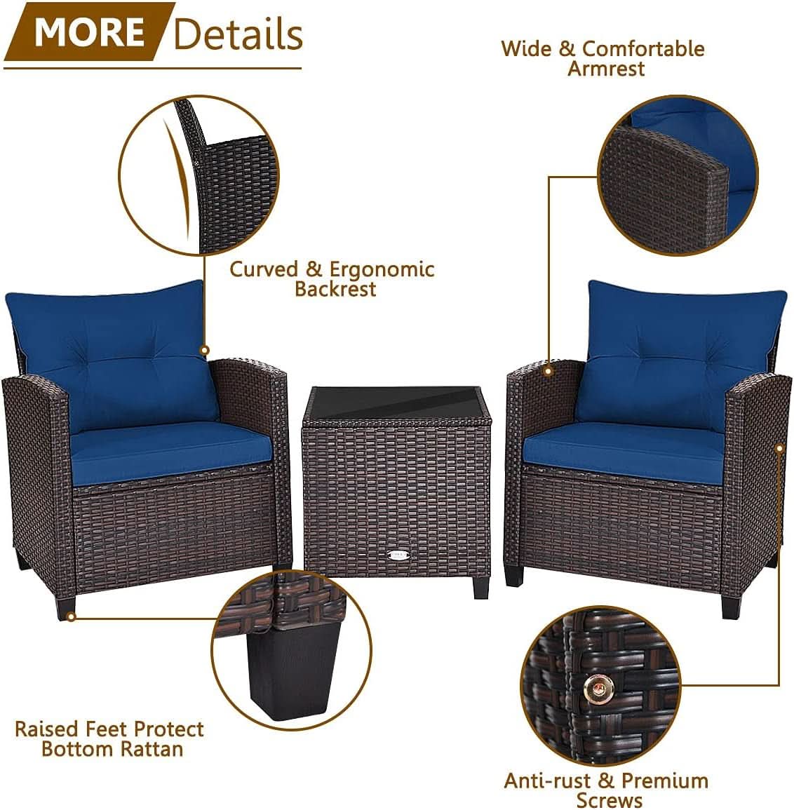 Three Piece Patio Furniture Set With Washable Cushions And Tempered Glass Tabletop Navy Blue