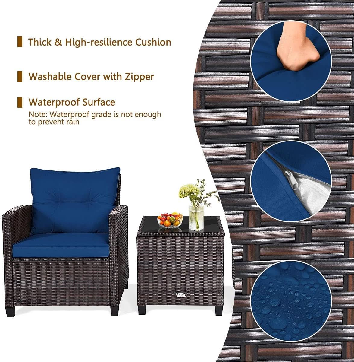 Three Piece Patio Furniture Set With Washable Cushions And Tempered Glass Tabletop Navy Blue