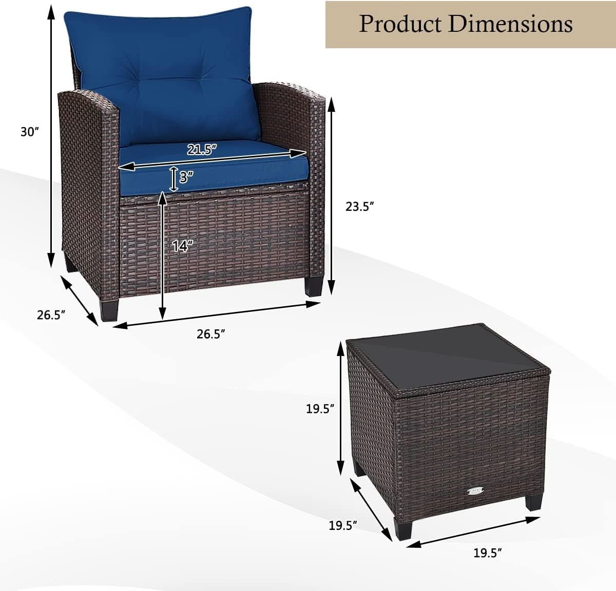 Three Piece Patio Furniture Set With Washable Cushions And Tempered Glass Tabletop Navy Blue