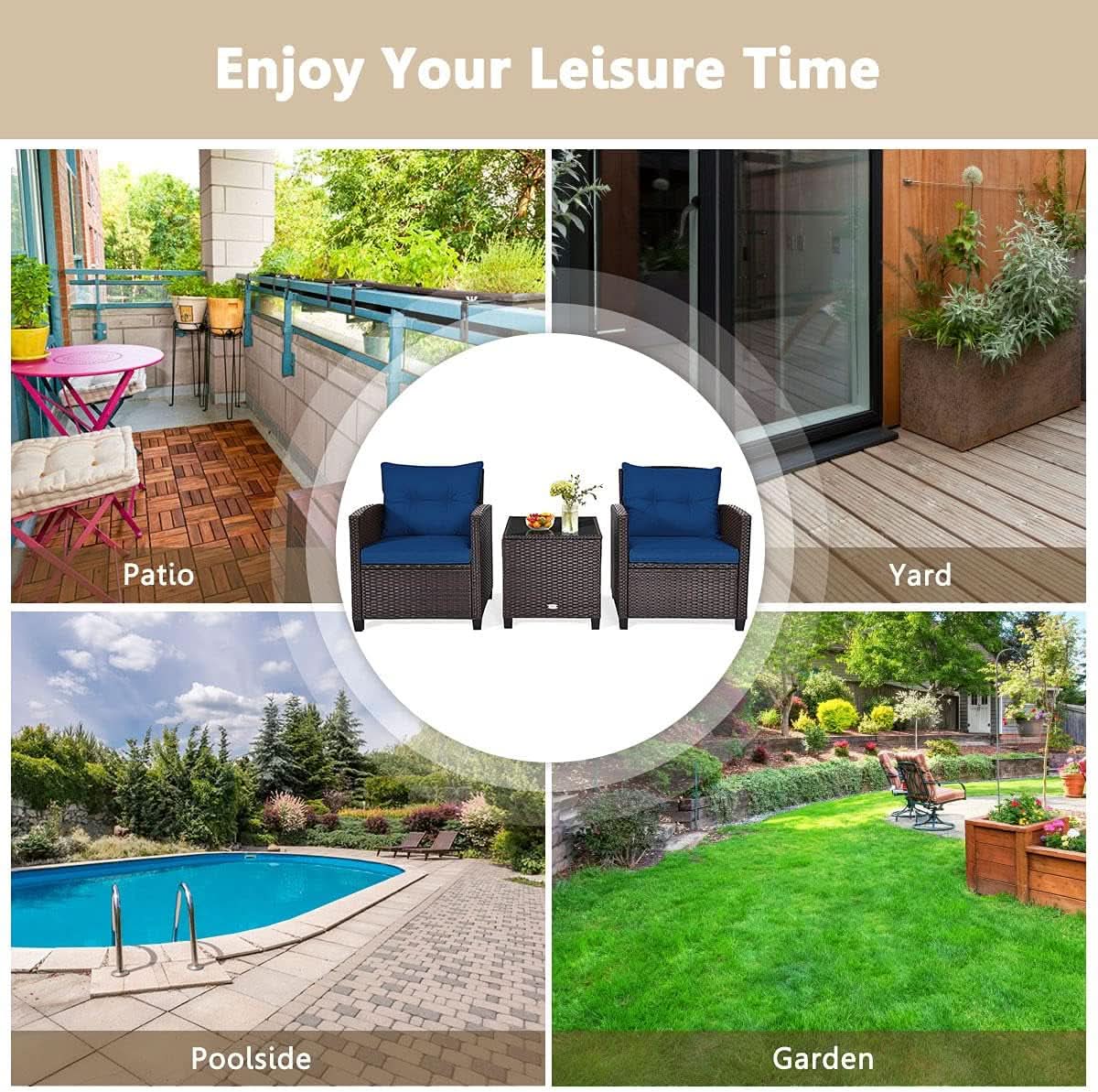 Three Piece Patio Furniture Set With Washable Cushions And Tempered Glass Tabletop Navy Blue