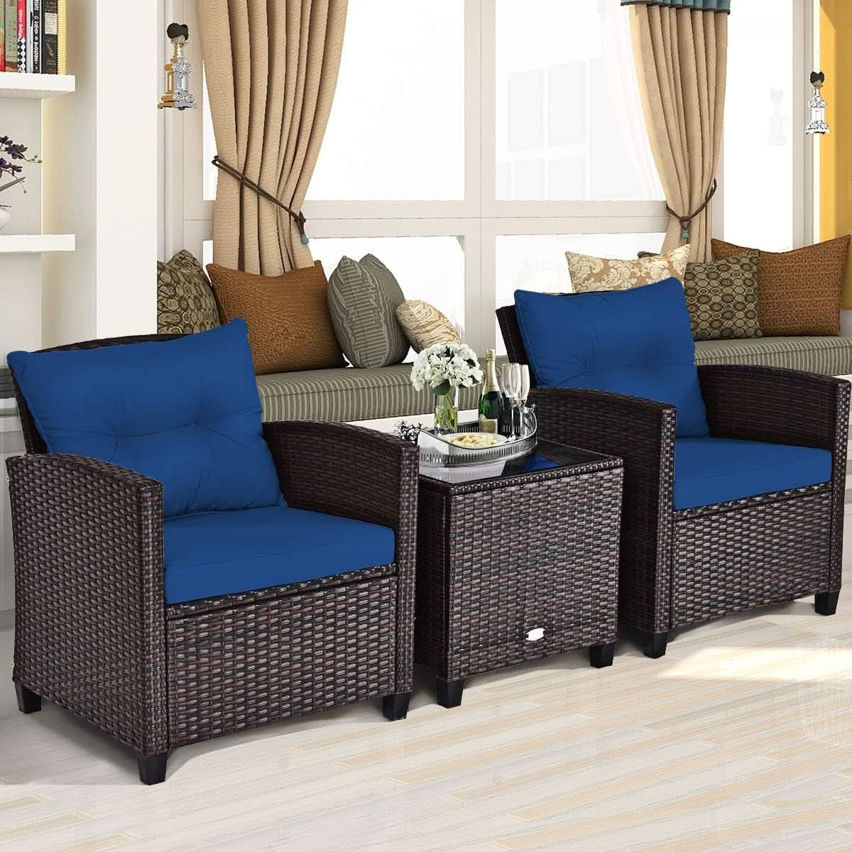Three Piece Patio Furniture Set With Washable Cushions And Tempered Glass Tabletop Navy Blue