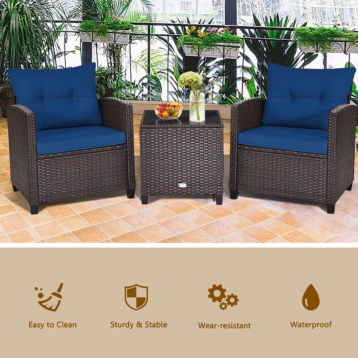 Three Piece Patio Furniture Set With Washable Cushions And Tempered Glass Tabletop Navy Blue