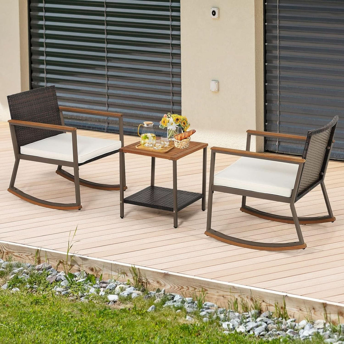 Three Piece Rocking Bistro Set With Cushions And Coffee Table For Outdoor Rattan Patio Off White