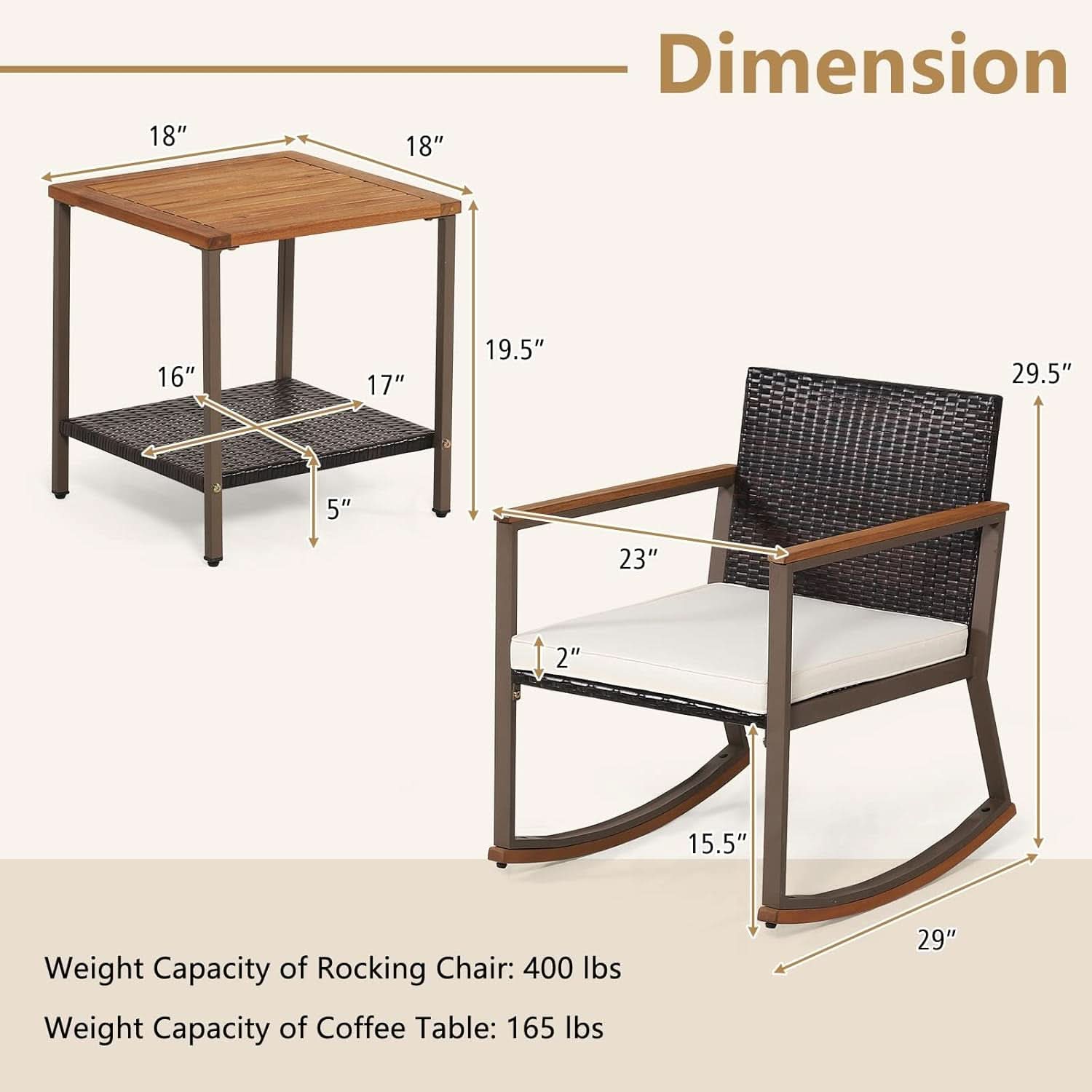 Three Piece Rocking Bistro Set With Cushions And Coffee Table For Outdoor Rattan Patio Off White