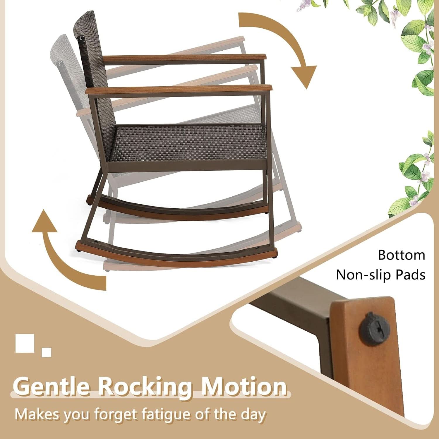Three Piece Rocking Bistro Set With Cushions And Coffee Table For Outdoor Rattan Patio Off White