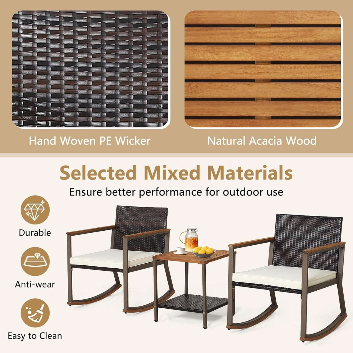 Three Piece Rocking Bistro Set With Cushions And Coffee Table For Outdoor Rattan Patio Off White