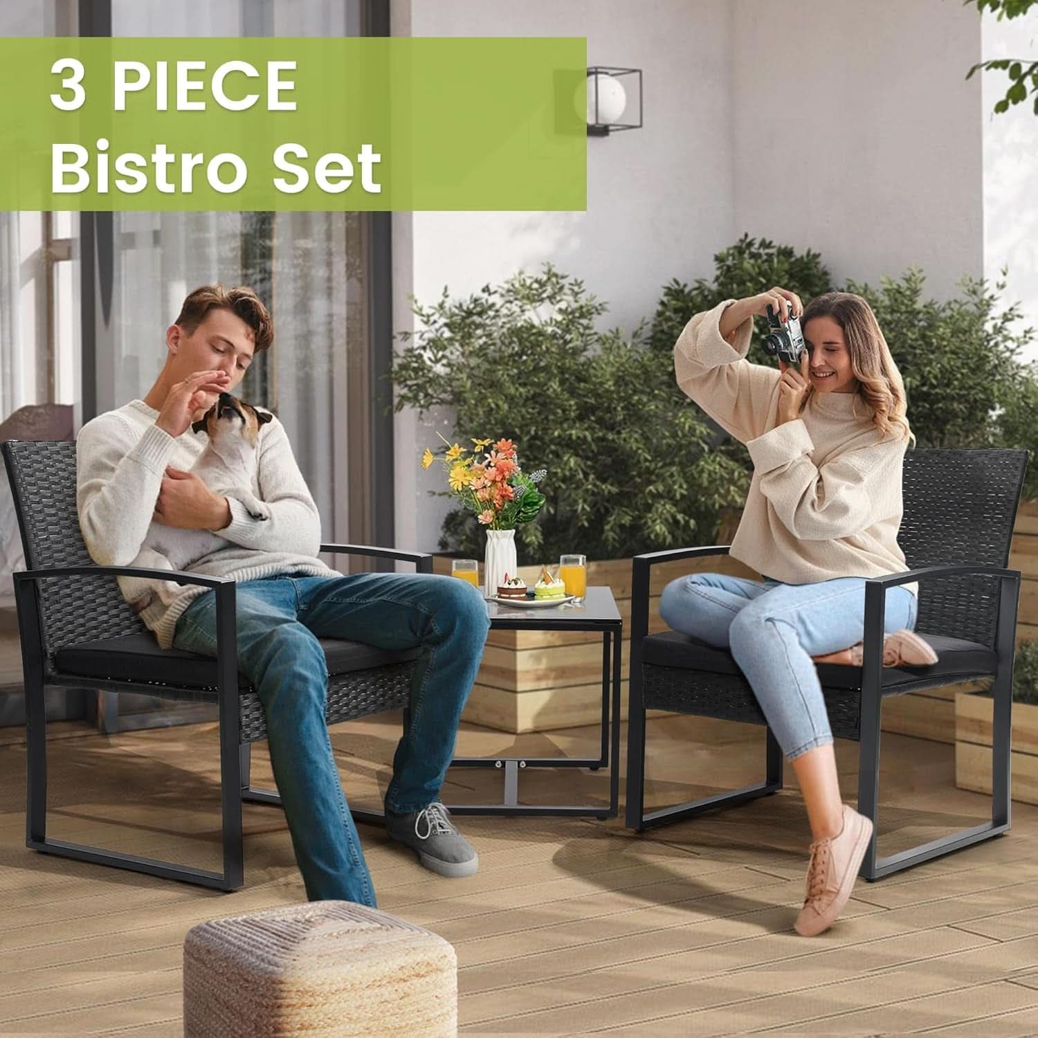Three Piece Wicker Patio Bistro Set With Coffee Table Black Frame For Balcony Porch And Garden Outdoor
