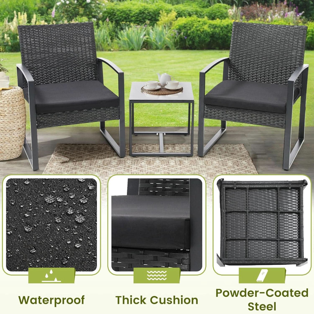Three Piece Wicker Patio Bistro Set With Coffee Table Black Frame For Balcony Porch And Garden Outdoor