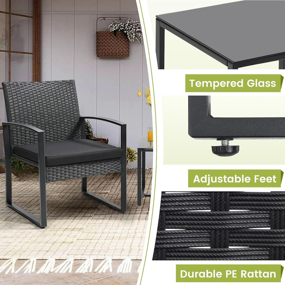 Three Piece Wicker Patio Bistro Set With Coffee Table Black Frame For Balcony Porch And Garden Outdoor