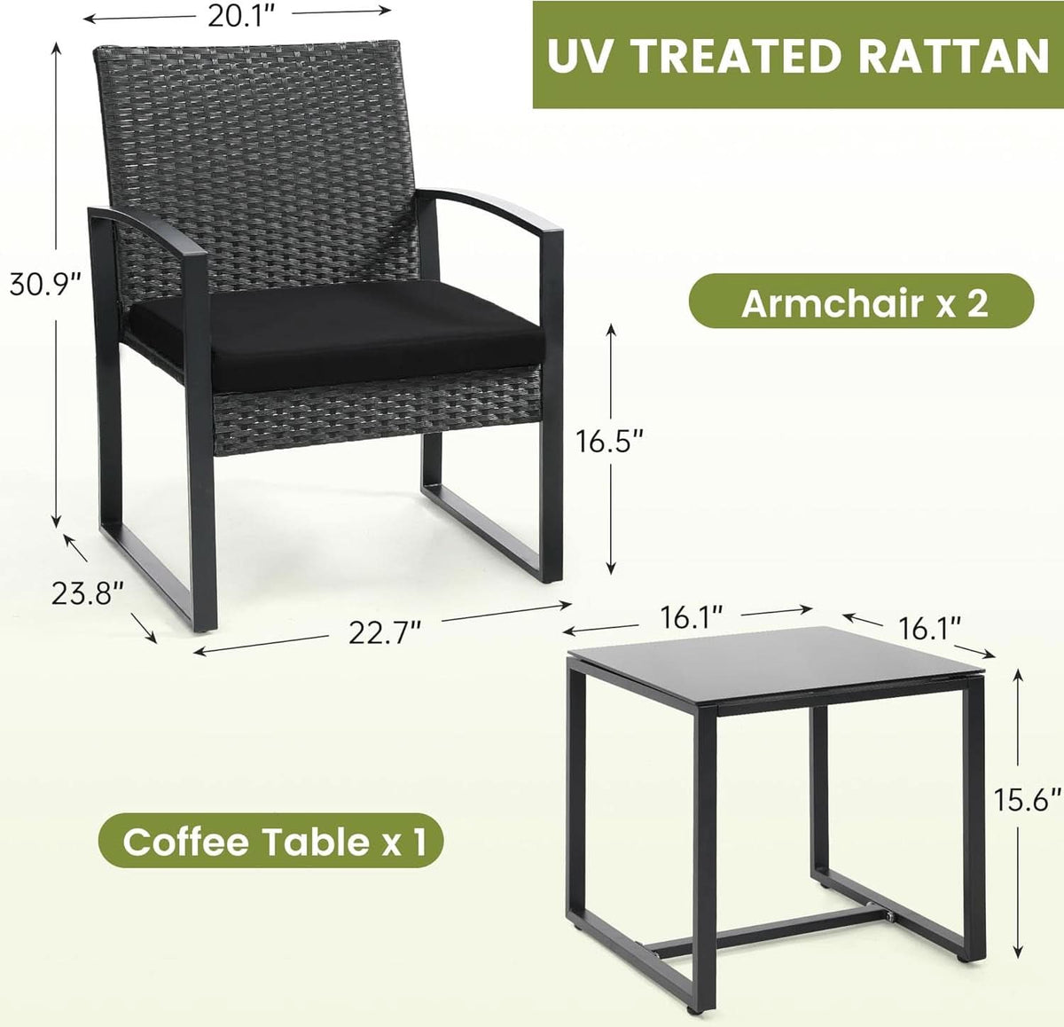 Three Piece Wicker Patio Bistro Set With Coffee Table Black Frame For Balcony Porch And Garden Outdoor