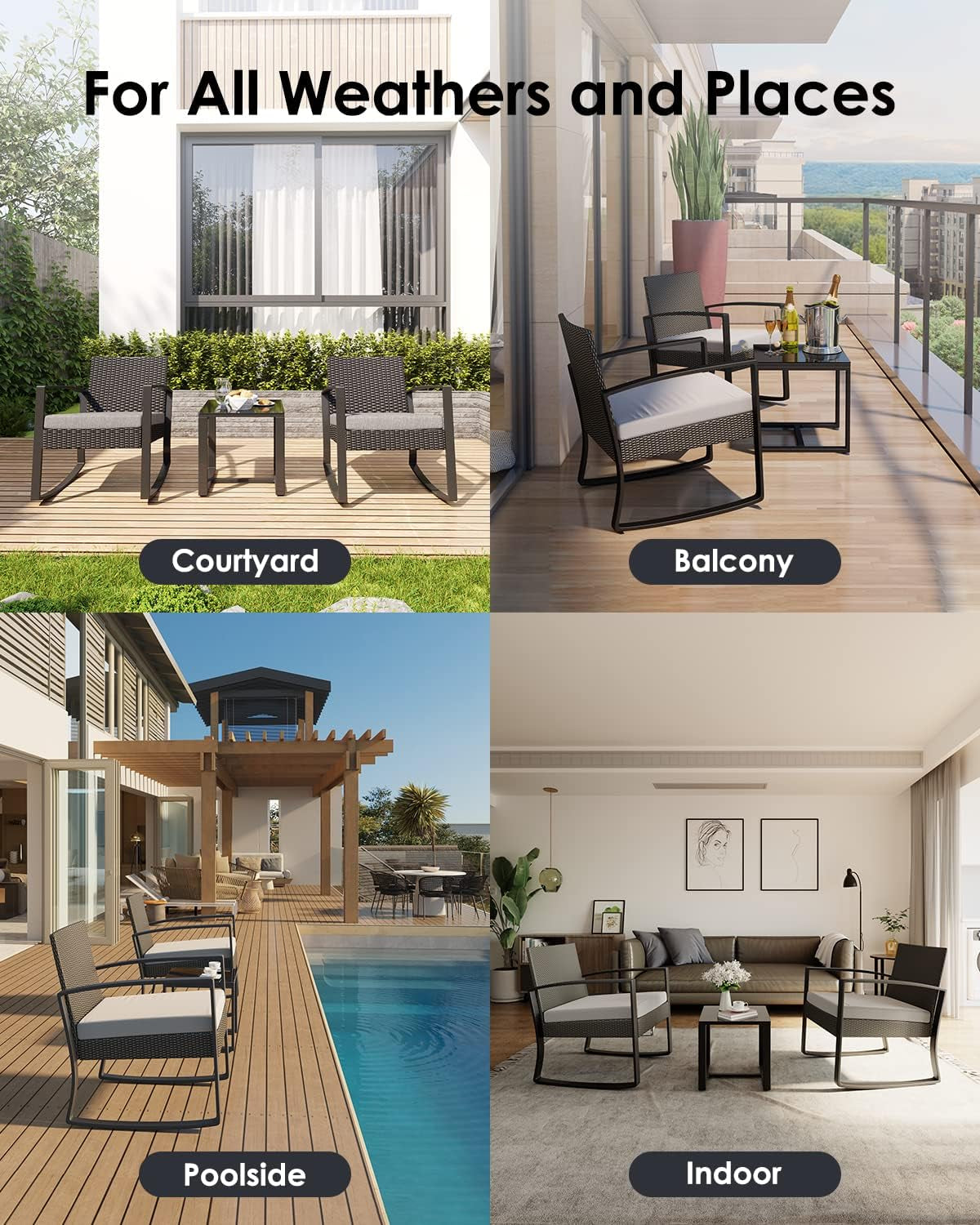 Three Piece Wicker Patio Furniture Set With Table And Cushions Outdoor Rocking Chairs Gray