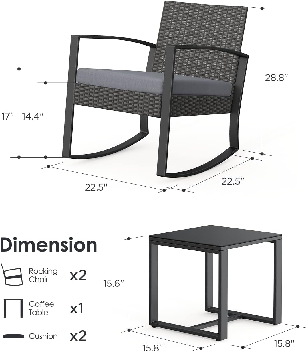 Three Piece Wicker Patio Furniture Set With Table And Cushions Outdoor Rocking Chairs Gray