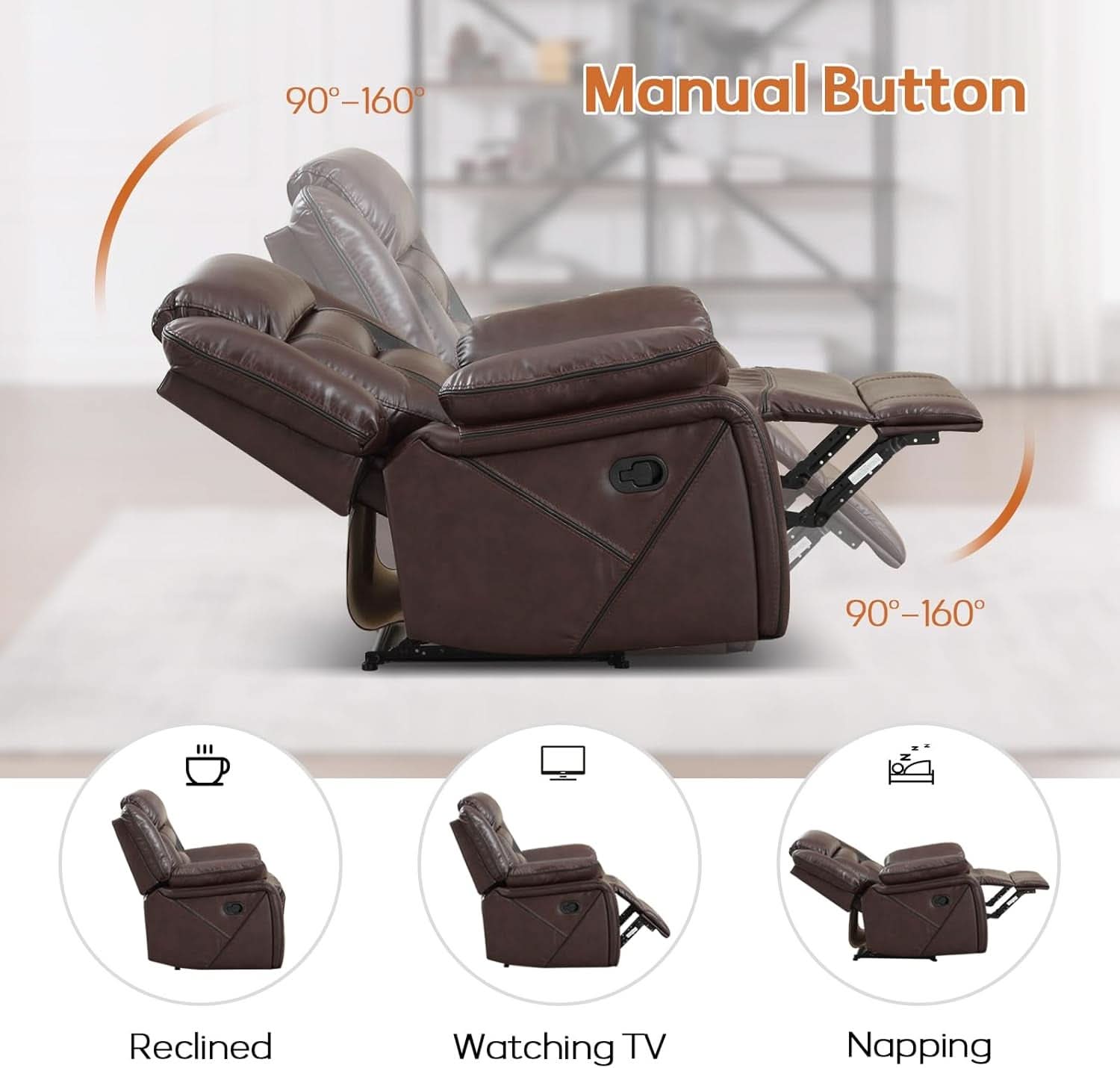 Three Seat Manual Reclining Sofa Dark Brown Faux Leather