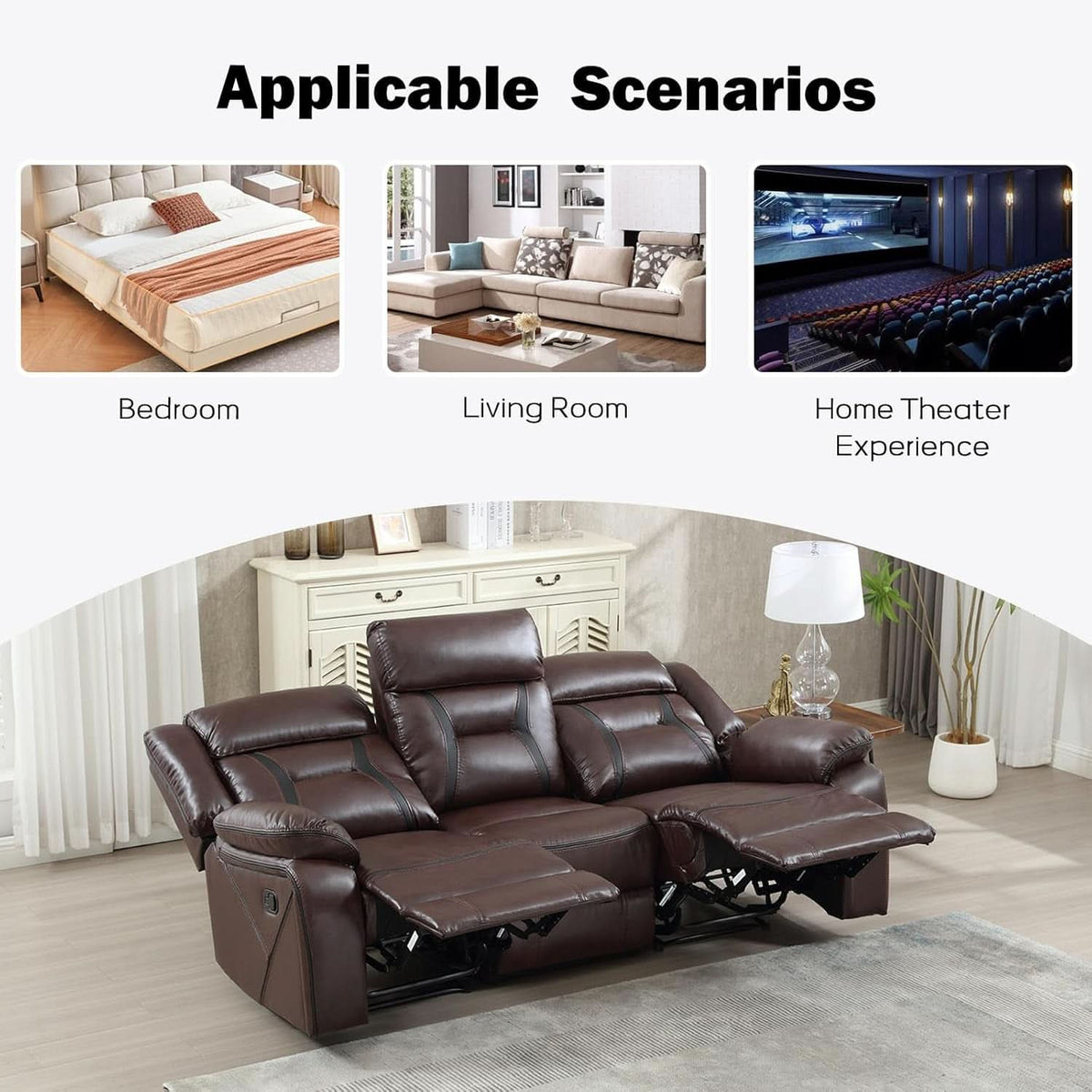 Three Seat Manual Reclining Sofa Dark Brown Faux Leather