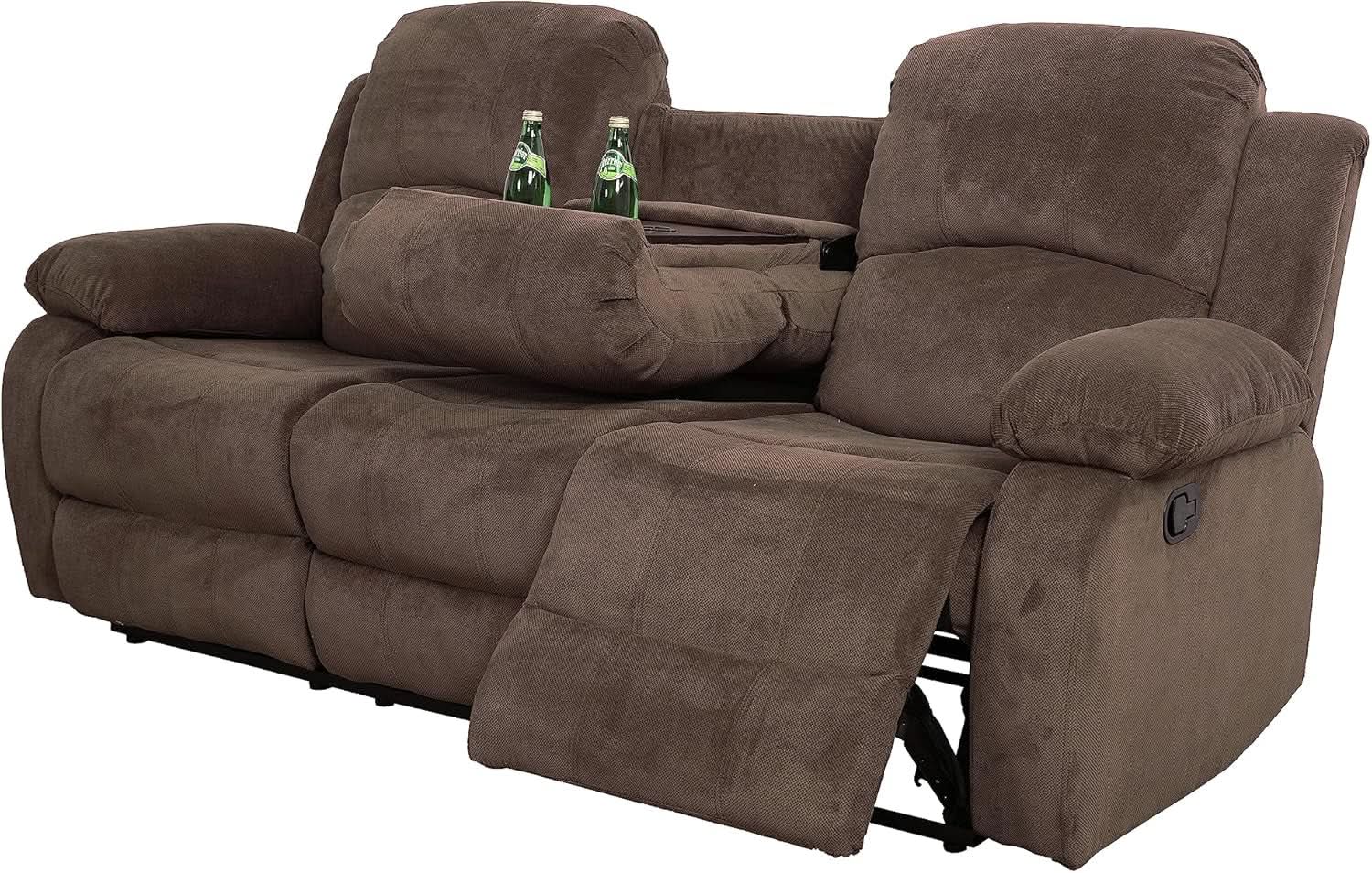 Three Seater Corduroy Reclining Sofa With Cup Holders And Drop Down Table For Living Room In Chocolate