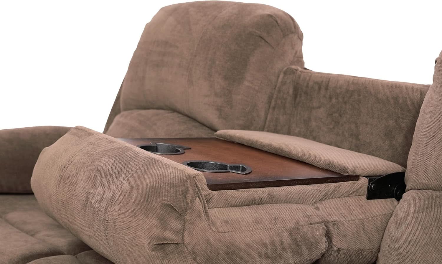 Three Seater Corduroy Reclining Sofa With Cup Holders And Drop Down Table For Living Room In Chocolate