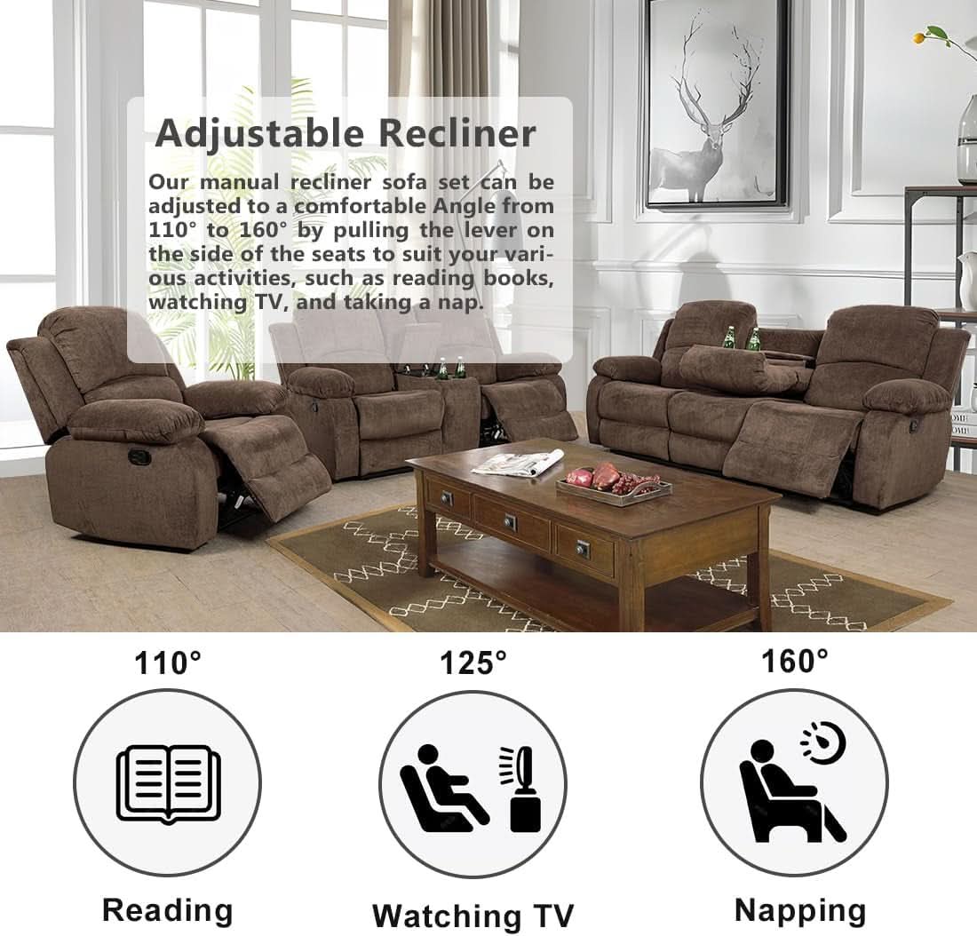 Three Seater Corduroy Reclining Sofa With Cup Holders And Drop Down Table For Living Room In Chocolate
