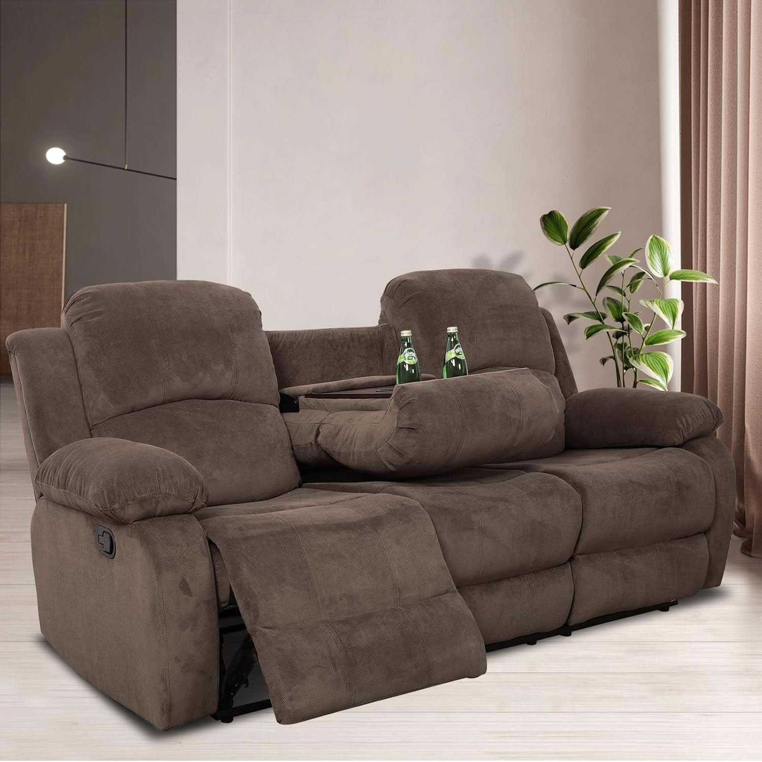 Three Seater Corduroy Reclining Sofa With Cup Holders And Drop Down Table For Living Room In Chocolate