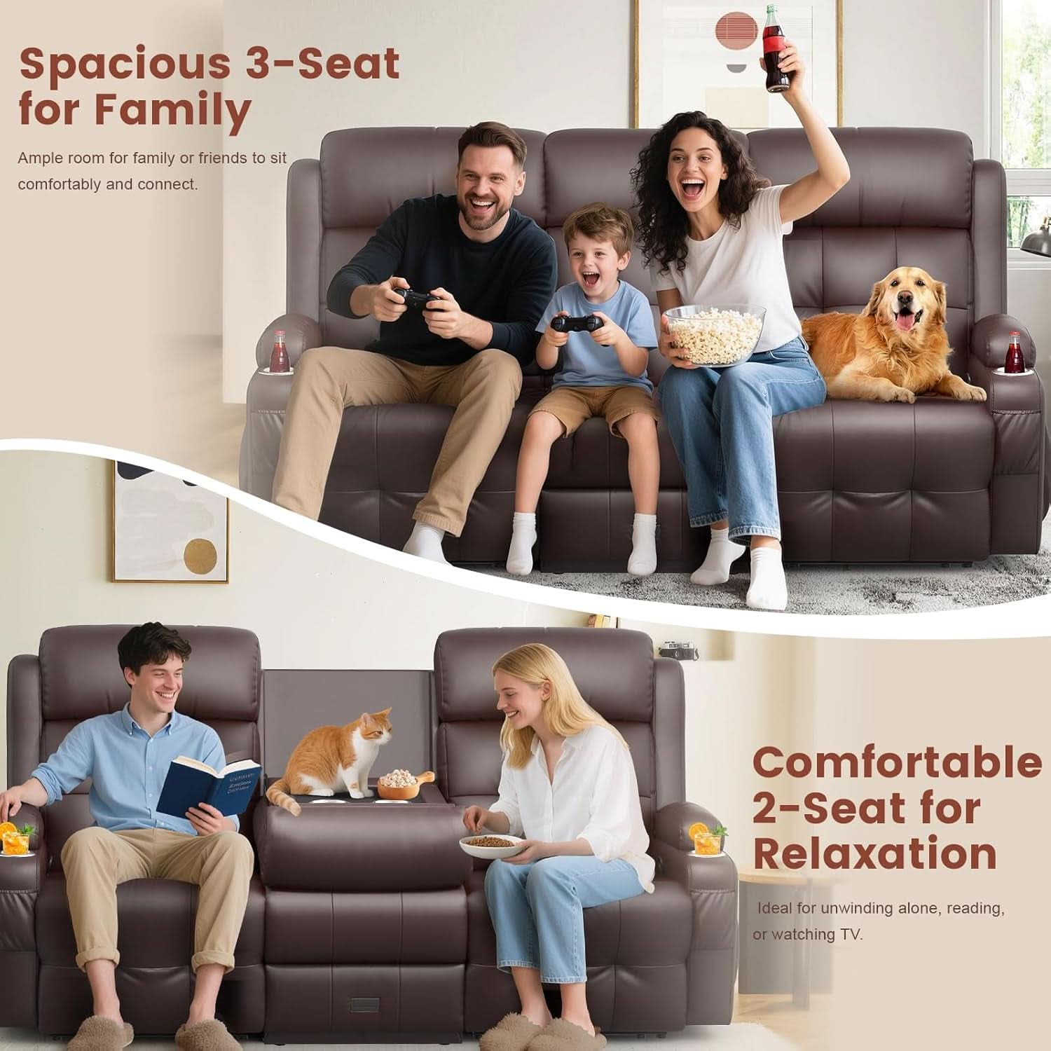 Three Seater Recliner Sofa With Flip Back Table PU Leather
