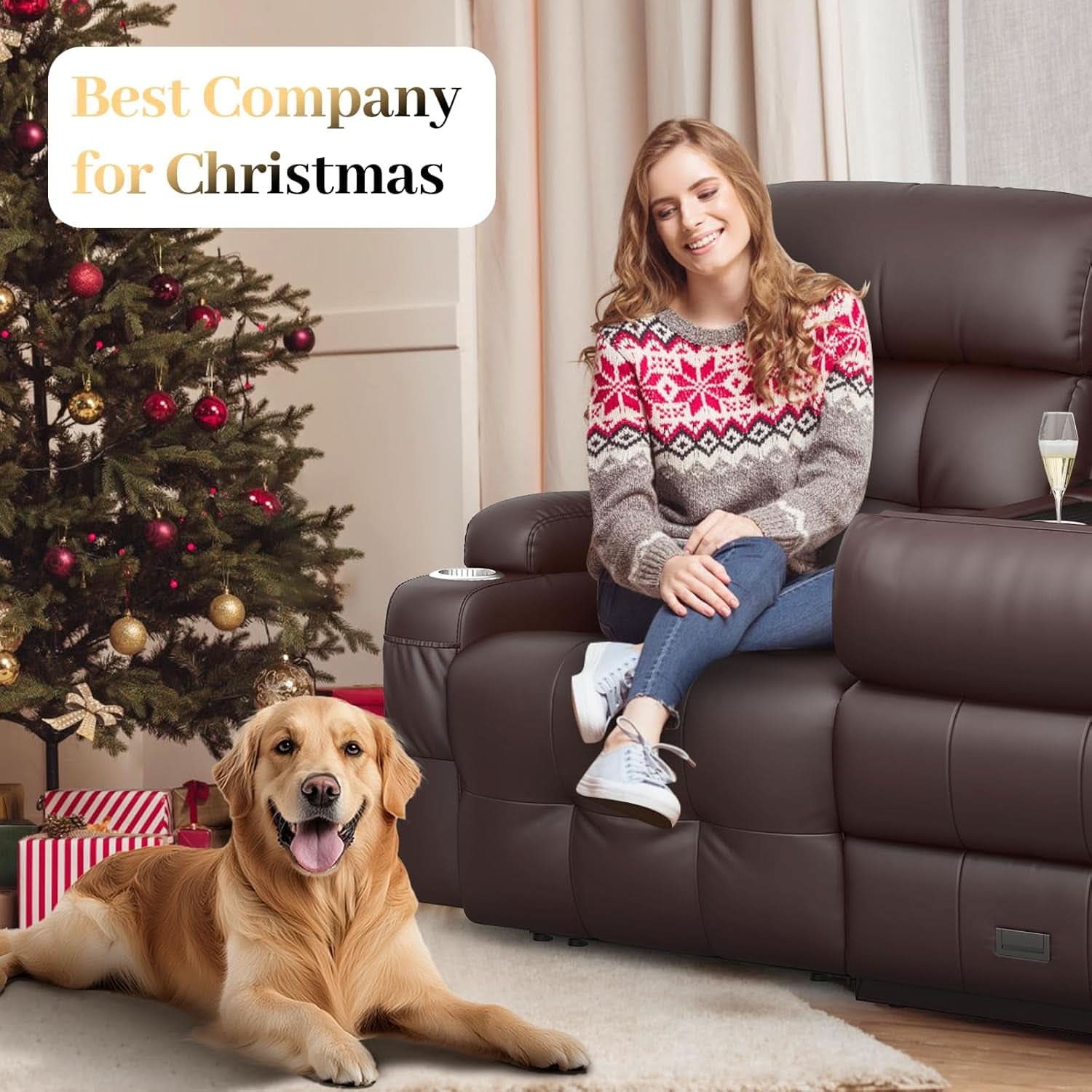 Three Seater Recliner Sofa With Flip Back Table PU Leather