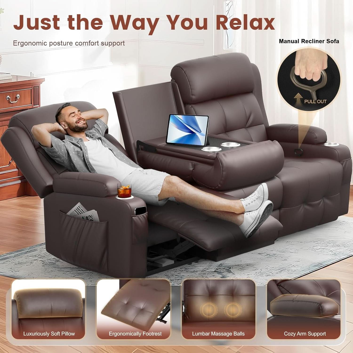 Three Seater Recliner Sofa With Flip Back Table PU Leather