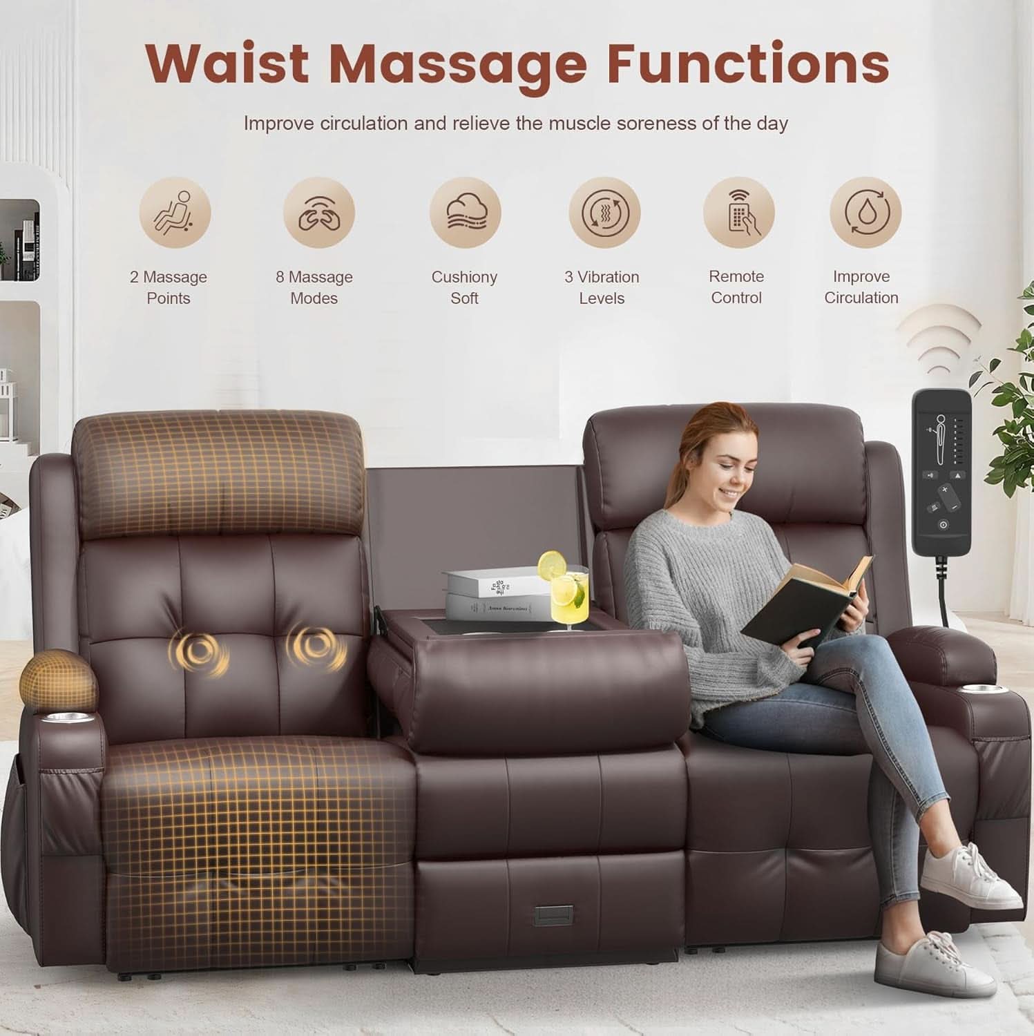 Three Seater Recliner Sofa With Flip Back Table PU Leather