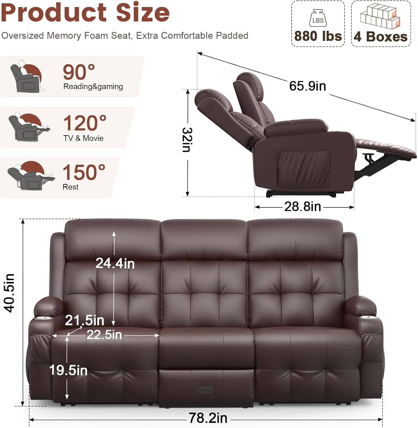 Three Seater Recliner Sofa With Flip Back Table PU Leather