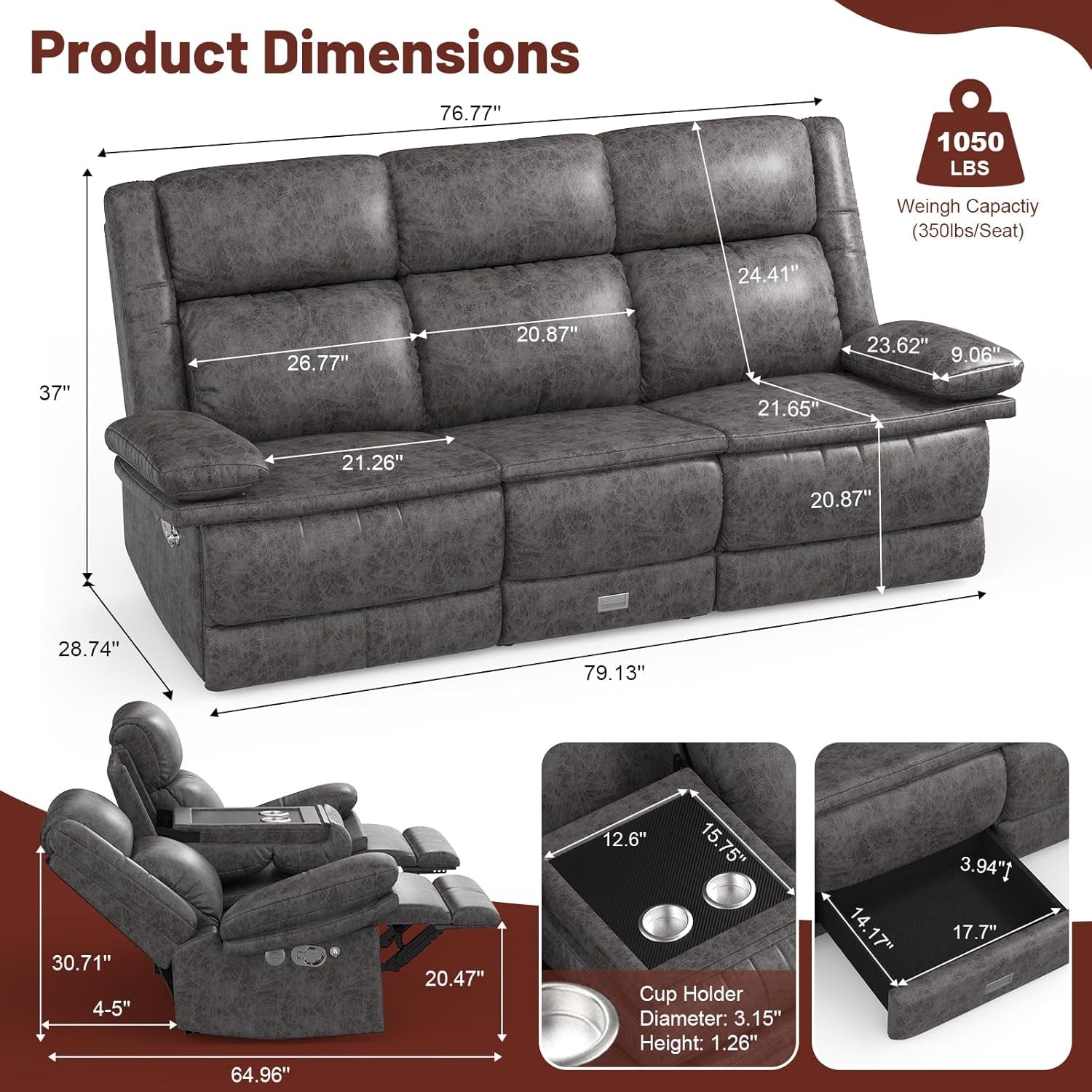 Three Seater Recliner Sofa With USB Ports And Cup Holders