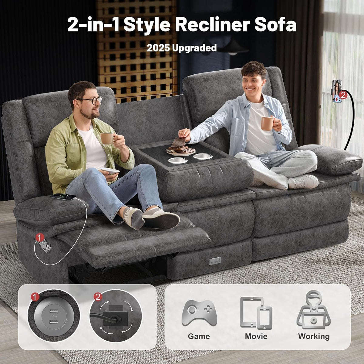 Three Seater Recliner Sofa With USB Ports And Cup Holders
