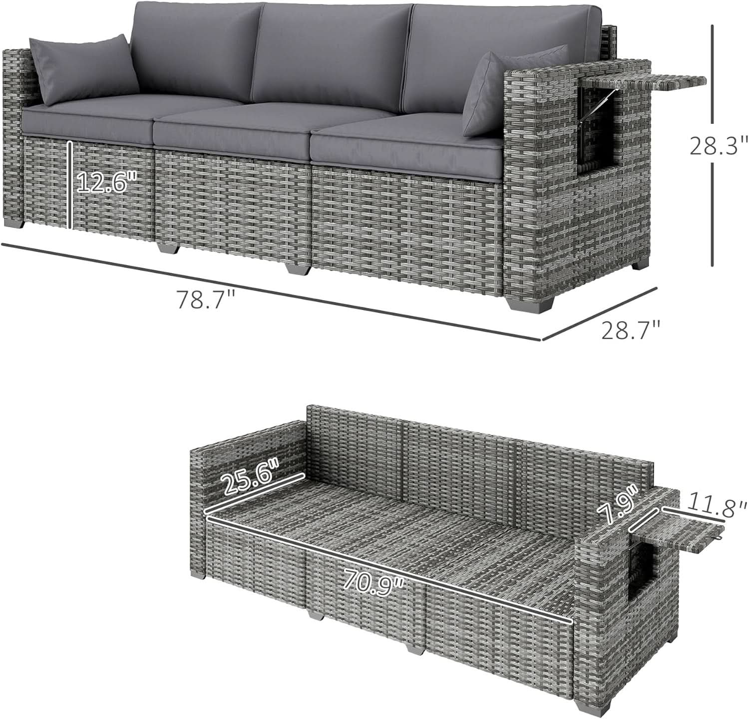 Three Seater Wicker Sofa with Side Tray Tables
